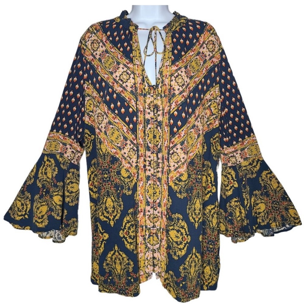 Free People Womens Tops, Boho Print Bell Sleeves Flowy Blouse Tunic, Sz L